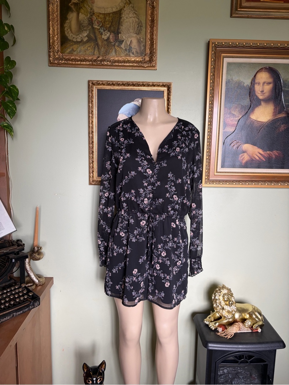 Mossimo Supply Co. Black Floral Long-Sleeve Shorts Romper Size L Cottagecore - Picture 11 of 16